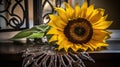 a large sunflower sitting on top of a wooden table next to a metal vase with a flower in the middle of it and a wrought iron Royalty Free Stock Photo