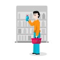 Large supermarket store. Shopping for food and clothing. Vector flat character on white background. Male buyer chooses goods