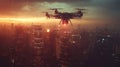 Drone flying over futuristic cyber city in rain at sunset Royalty Free Stock Photo