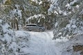 Large SUV Audi Q7 in a snowy forest.