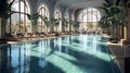 A large swimming pool in a luxury hotel complex. Generative AI Royalty Free Stock Photo