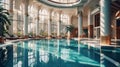 A large swimming pool in a luxury hotel complex. Generative AI Royalty Free Stock Photo