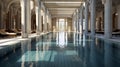 A large swimming pool in a luxury hotel complex. Generative AI Royalty Free Stock Photo