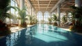 A large swimming pool in a luxury hotel complex. Generative AI Royalty Free Stock Photo