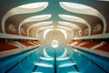 Large swimming pool with skylight above it and row of orange steps. Generative AI Royalty Free Stock Photo