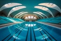 Large swimming pool with skylight and row of empty seats. Generative AI Royalty Free Stock Photo