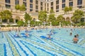 Large swimming pool with swimmers at Bellagio Casino in Las Vegas, NV