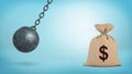 A large swinging wrecking ball on blue background beside a giant money bag with a USD sign.