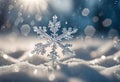 Large symmetrical snowflake on the snow close-up. New Year holiday and christmas concept.