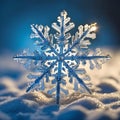 Large symmetrical snowflake on the snow close-up. New Year holiday and christmas concept.