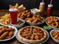 large table of assorted take out food such as pizza, french fries, onion rings, fried chicken and chicken wings