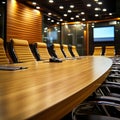 A large table, leather chairs, and projection screen are the key features of this luxurious modern boardroom Royalty Free Stock Photo