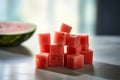 Large Tabletop with a Bowl of Watermelon Cubes. Generative AI Royalty Free Stock Photo