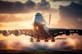 Large take-off airliner at sunset. Big jet airplane landing on runway in sunset Royalty Free Stock Photo