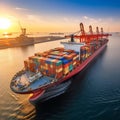 A large tanker with containers leaves the port into the ocean.