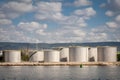 Large tanks for petrol and oil, cloudy sky