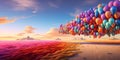 A large tassel of rainbow colors with balloons. Copy space