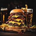 Large tasty burger on bar table with glass of beer, generative ai