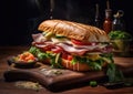 Large tasty sub sandwich with fresh baguette with ham and cheese and various vegetables and sauces.Macro.AI Generative