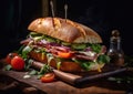 Large tasty sub sandwich with fresh baguette with ham and cheese and various vegetables and sauces.Macro.AI Generative