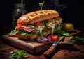 Large tasty sub sandwich with fresh baguette with ham and cheese and various vegetables and sauces.Macro.AI Generative