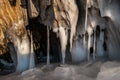 Large thick icicles on the rocks and several ice stalagmites.