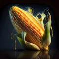 Large thick yellow corn cob with leaf with reflection at the base dark background. Corn as a dish of thanksgiving for the harvest