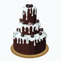 Large three-tiered brownie chocolate cake garnished with white gonache, chocolates and silver sugar balls. Vector stock