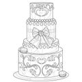 Large three-tiered cake with decorations.Coloring book antistress for children and adults. Royalty Free Stock Photo