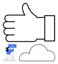 Large thumbs-up symbol, programmer holding a code graphic, and cloud icon representing positivity and cloud computing