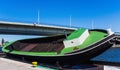 Tilted empty boat on docking ramp, Odra River, Poland