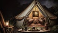 Large tipi glamping tent with a stylish living room at night, lit up by candles and a lamp