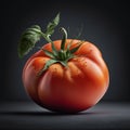 A Large Tomato With A Green Leaf On It\'s Stem And Water Droplets On It\'s Surface, On A Dark Backgrou