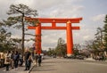 Large Torii gate with cherry tree blossom Royalty Free Stock Photo