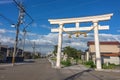 Large torii gate at the site of the annual Okaeri, or Welcome Home festival, Mikawa, Ishikawa Prefecture, Japan. Royalty Free Stock Photo