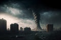 Large tornado destroying a city. Dark dramatic scenery with a twister in town. Natural disaster concept