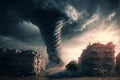 Large tornado destroying a city. Dark dramatic scenery with a twister in town. Natural disaster concept