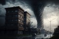 Large tornado destroying a city. Dark dramatic scenery with a twister in town. Natural disaster concept
