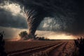 Large tornado destroying a farm. Dark dramatic scenery with a twister in landscape. Natural disaster concept