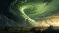 A large tornado with green sky