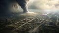 A large tornado is in the sky over a city. Generative ai