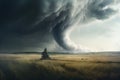 a large tornado swirling across the grassy plains.