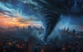 A large tornado wreaks havoc in the city, creating a scene of chaos and destruction.