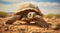 A large tortoise walking on the ground in a desert, AI Royalty Free Stock Photo