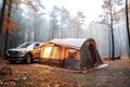 A large tourist tent stands in the middle of the forest in foggy rainy autumn weather. A lantern is burning in the tent Royalty Free Stock Photo