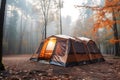 A large tourist tent stands in the middle of the forest in foggy rainy autumn weather. The lantern is on in the tent Royalty Free Stock Photo