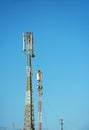 Large tower with antennas for communication and connection under clear blue sky Royalty Free Stock Photo