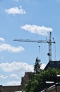 A large tower crane on the background of the roofs of houses.