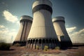 Large towers from nuclear reactor standing on territory of nuclear power plant