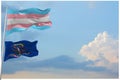 large Transgender Pride flag and flag of North Dakota state, USA waving in wind at cloudy sky. Freedom and love concept. Pride